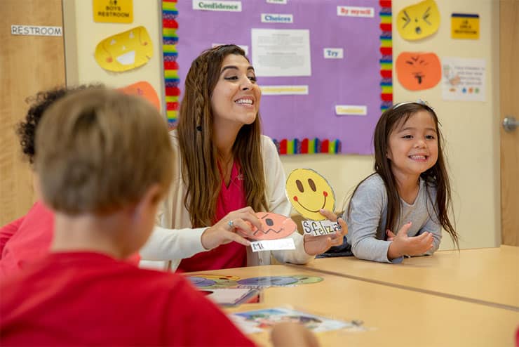 A teacher holding a emoji faces in front of a class